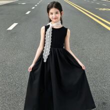 夏季新款女童法式优雅小黑裙中大童无袖A字版大摆裙温柔气质长裙