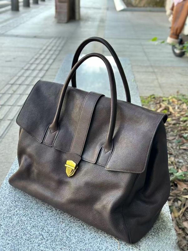 裘真手提公文包女士真皮复古大容量通勤头层植鞣牛皮包包|undefined