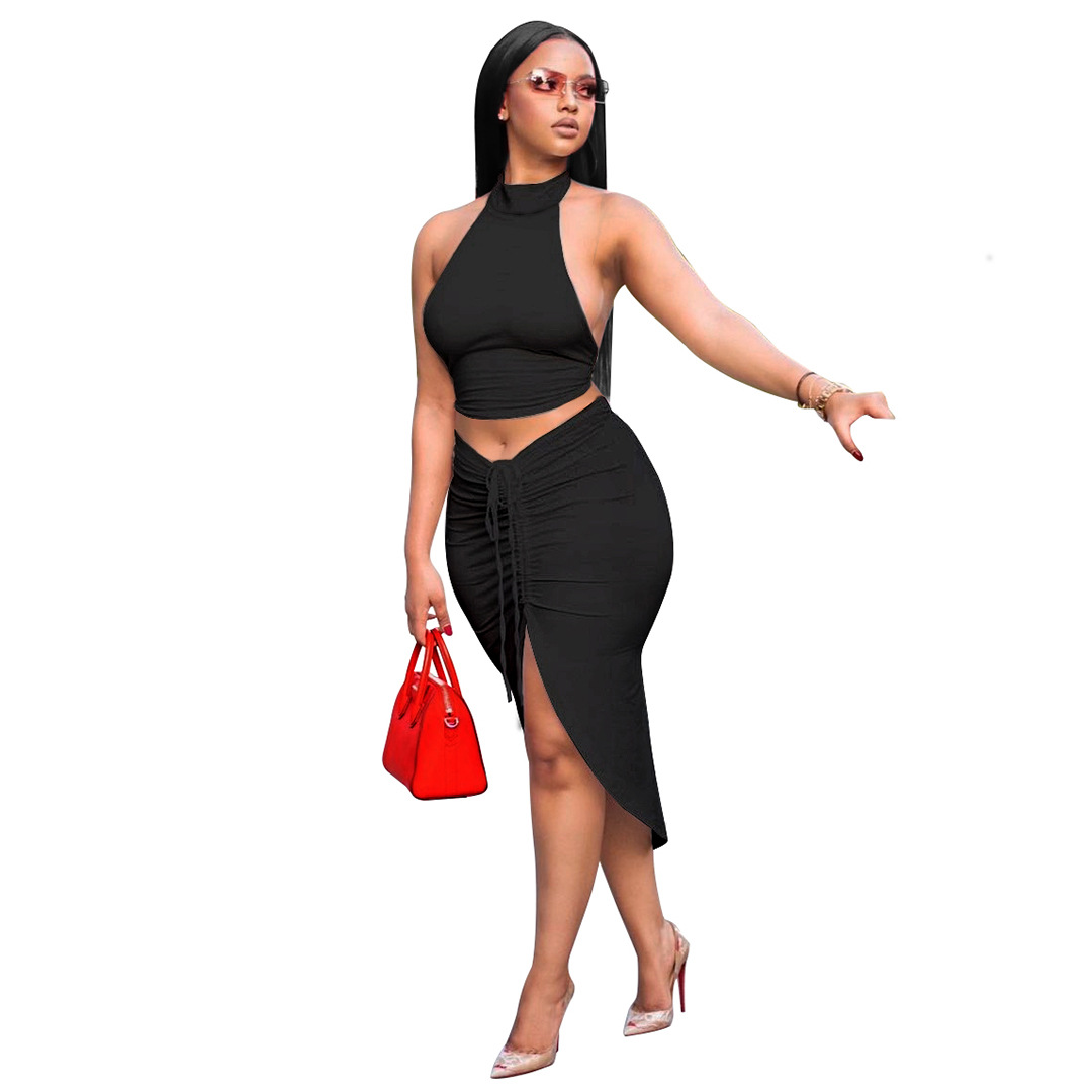 Summer Women Clothing Solid Color round Neck Cropped Backless Top Drawstring Mid Length Dress Set
