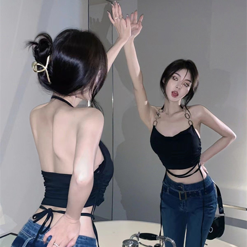 Beautiful Back Black Short Chain Hanging Neck Inner Wearing Sleeveless Sling Vest Women's Summer Backless Spice Top