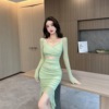 High elastic mesh patchwork exposed waist long sleeved tight fitting hip wrap dress