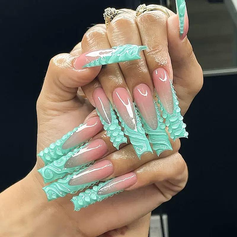 欧美新款穿戴甲超长甲片绿色3D立体滴胶花纹假指甲美甲甲片nails