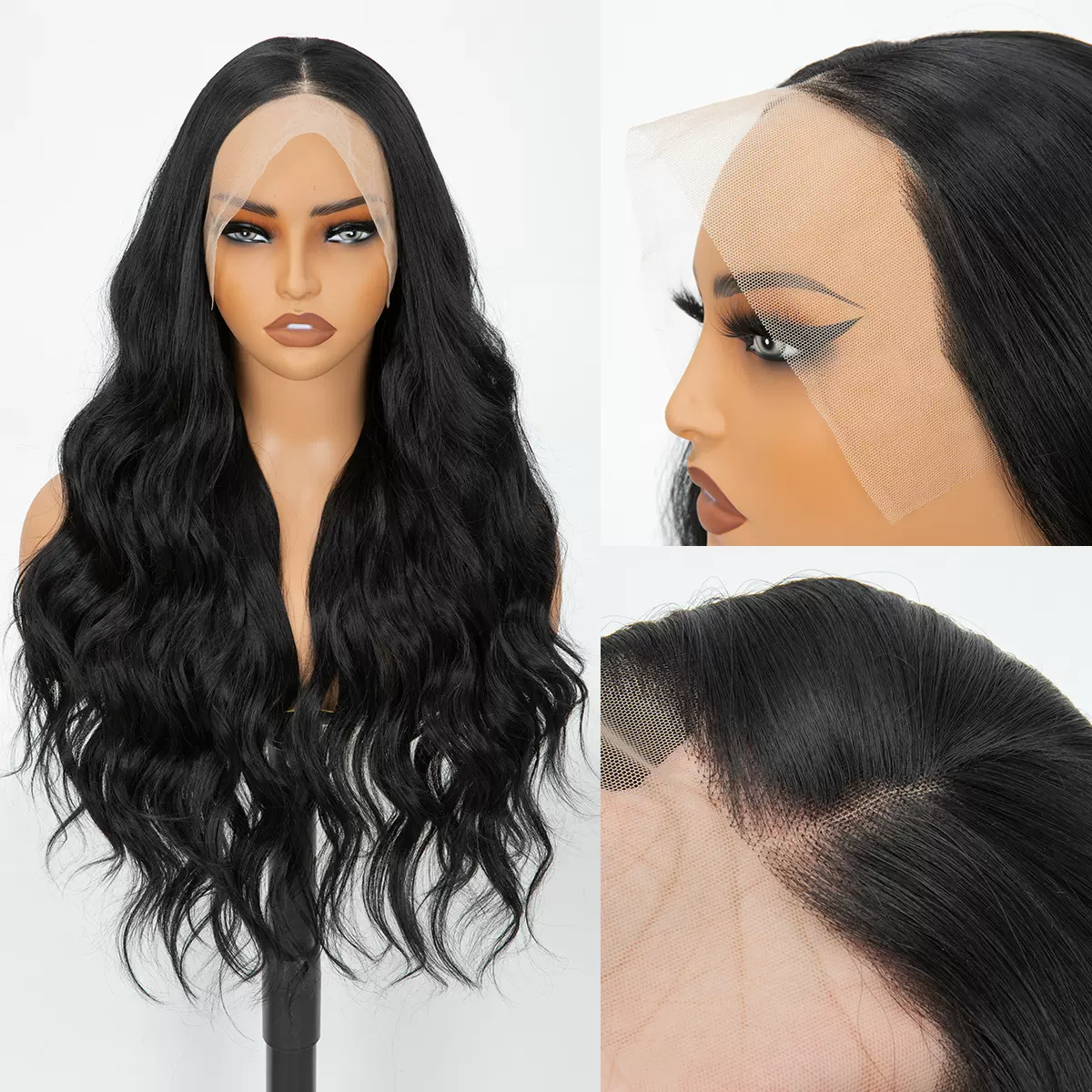 新品热卖13*4前额蕾丝头套手织假发长卷发黑长直仿真人发全头套