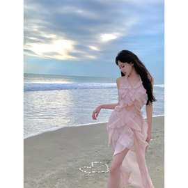 仙女粉色荷叶边仙气纯欲风气质款设计感连衣裙