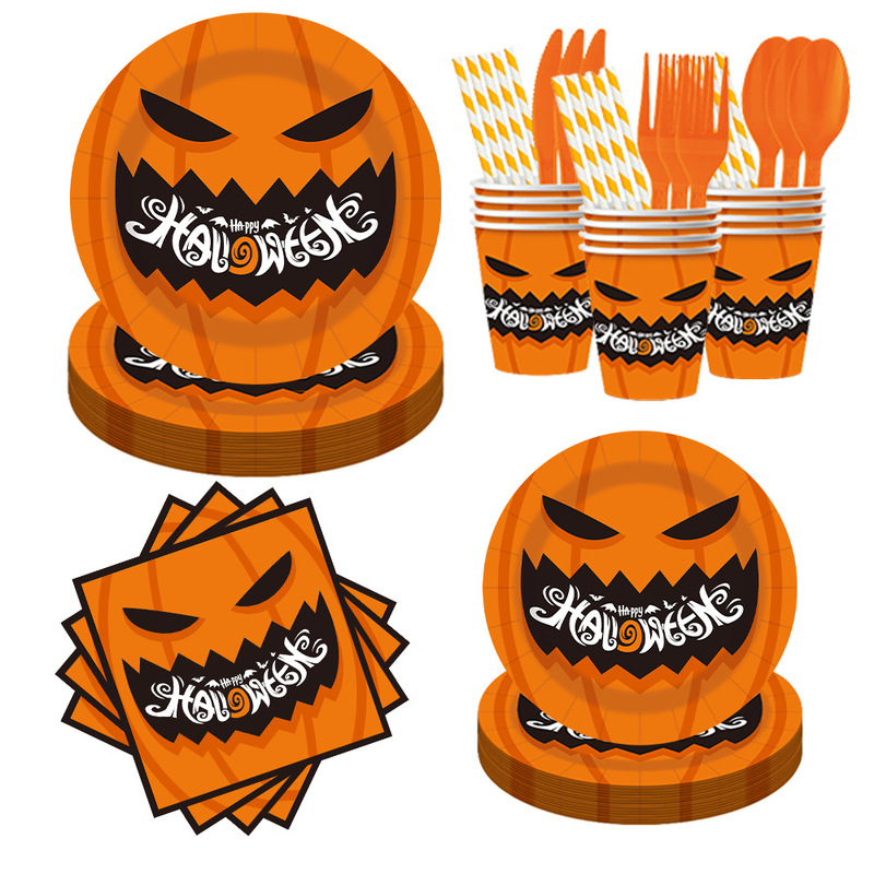 Spot Halloween Pumpkin Ghost Party Supplies Party Disposable Paper Plates Tissue Paper Cups Tableware Set Wholesale