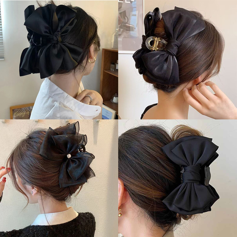 Black Bow Hair Clip New Large Round Headpin Shark Hair Accessory for Women, Rear Head Hairpin for Women's Updo