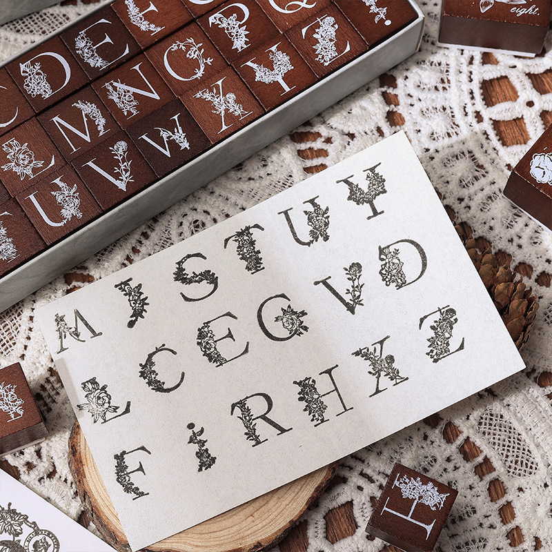 Flores raspando sello de caja de madera transfronterizo inglés alfanumérico combinación de sello flor y hierba mano sello de silicona