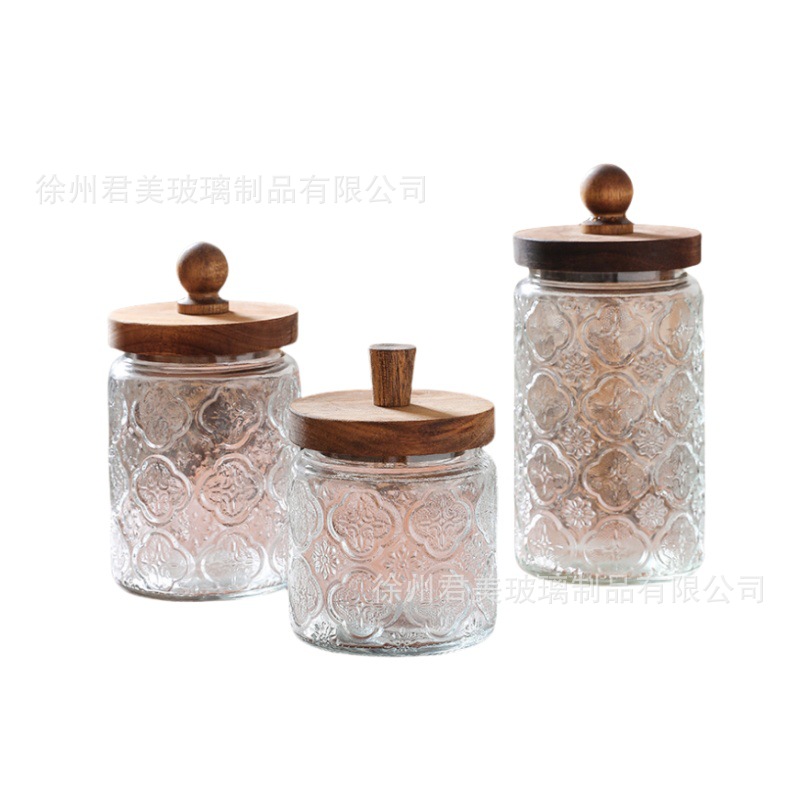 Tanque de almacenamiento de vidrio retro Begonia casera granos naranja frutas secas lata de almacenamiento de té lata de Acacia cubierta de madera mayorista