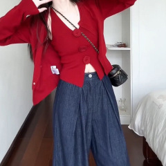 早秋红色针织开衫外搭毛衣外套女秋季设计感小众高级感套装