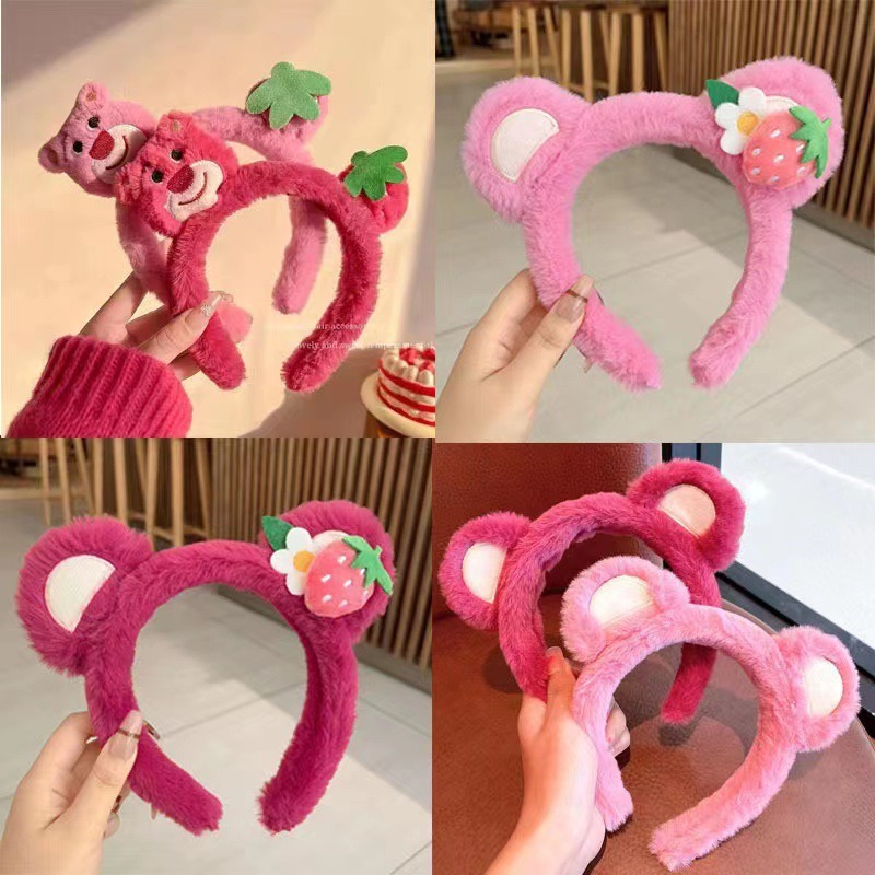 Red de fresa oso de peluche correa de cabello otoño y invierno lindos lavados de la cara correa de cabello para el cabello para salir al amplio lote de pinzas de cabello