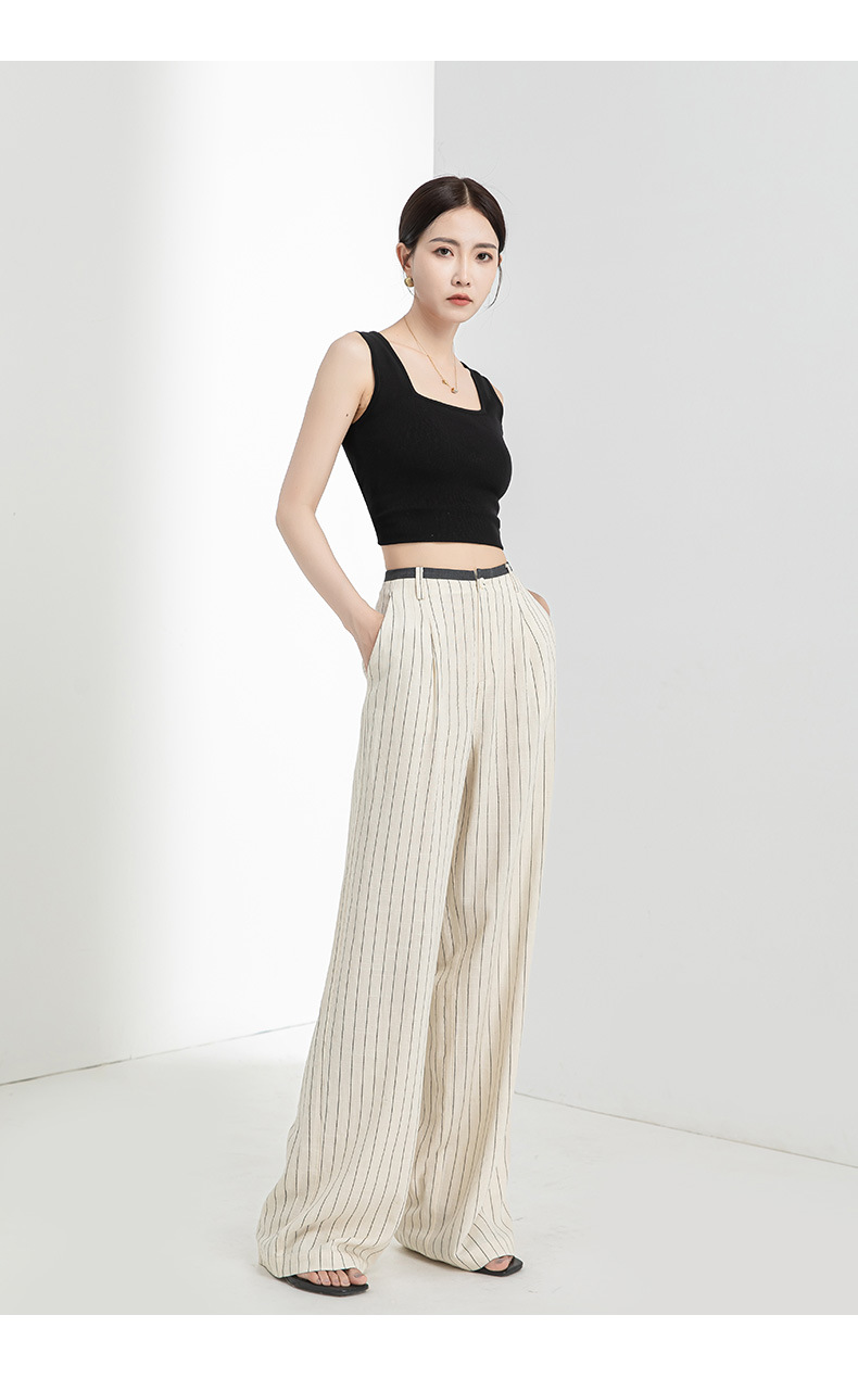Quần culottes nữ ống rộng vải lanh sọc dọc, cạp cao phối màu, dáng suông thoáng mát — Vải gai sọc chi tiết 28