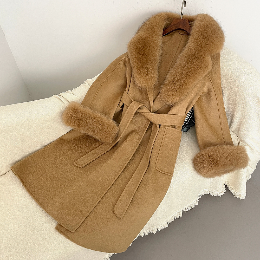 Sieviešu apģērbs Rudens un ziemas jauns divpusējs vilnas mētelis ar lapsas kažokādas apkakli, sieviešu 100% vilnas, augstas kvalitātes vilnas mētelis_voghion.com