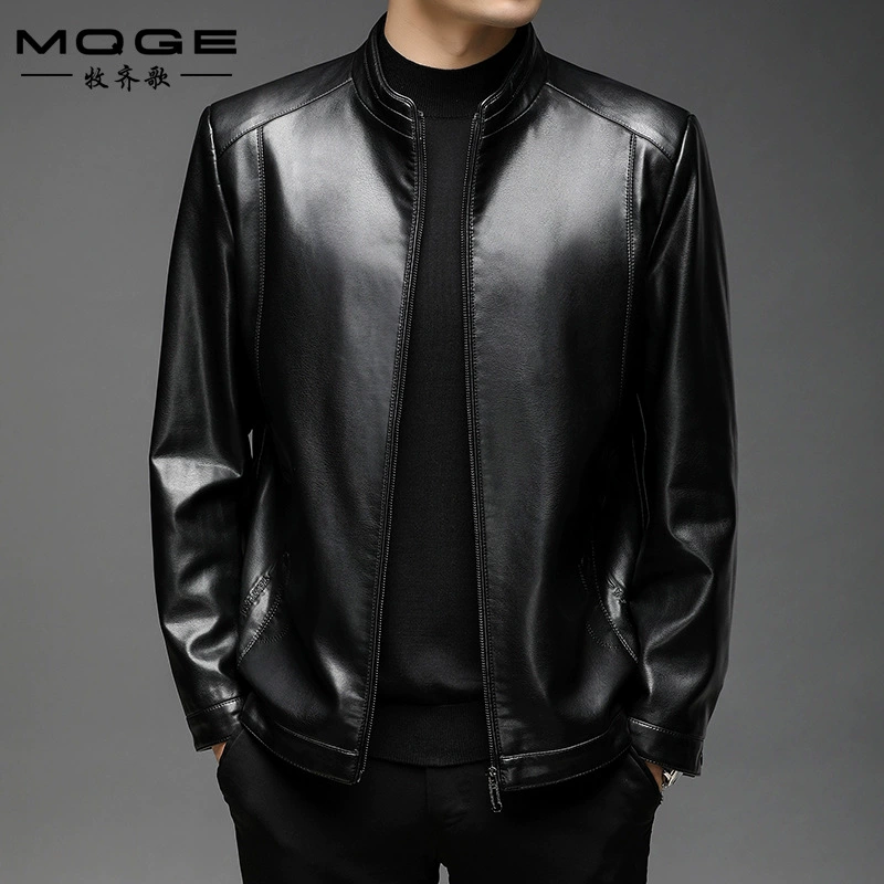 Новая осенне-зимняя мужская кожаная деловая повседневная кожаная куртка средней длины с вертикальным воротником на молнии, кожаная мужская куртка с флисовой подкладкой