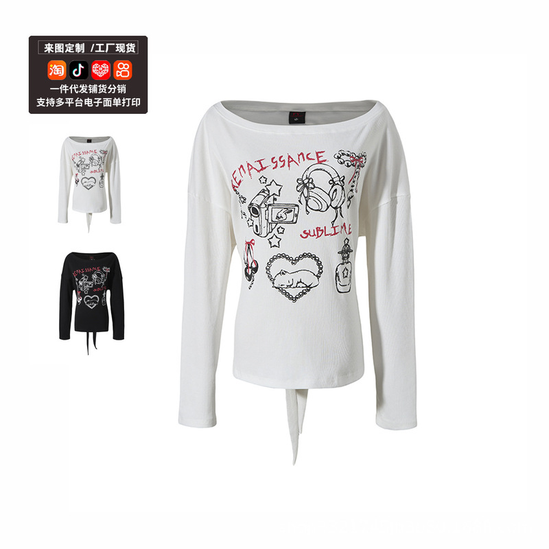 American Retro Style Spicy Girl Lace-Up Off-Shoulder Long-Sleeve T-Shirt for Women, Early Spring New Loose One-Shoulder Top, Trendy Factory Direct Wholesale American Retro Style Spicy Girl Lace-Up Off-Shoulder Long-Sleeve T-Shirt for Women, Early Spring New Loose One-Shoulder Top, Trendy Factory Direct Wholesale