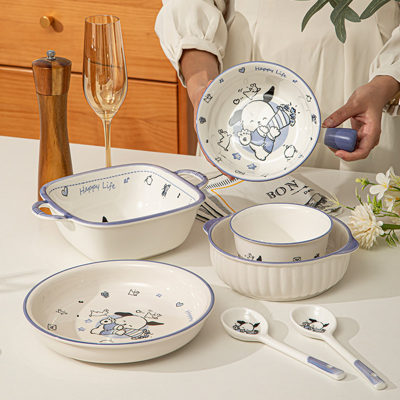 Cute Cartoon High-Value Bowl and Plate Set for Home Use, Couple's Individual Dining Set, Instant Noodle Bowl, Ceramic Tableware