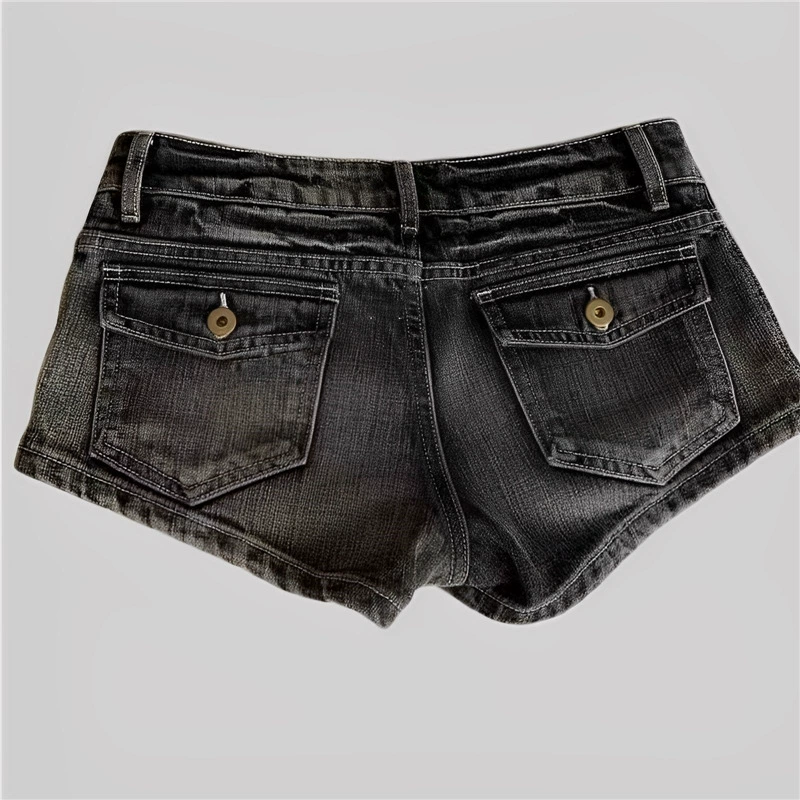 Джинсовые шорты женские, приталенные, washed black, заниженная талия