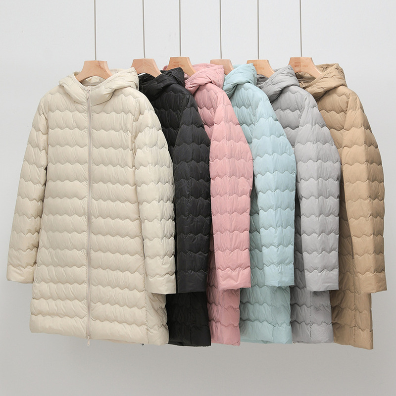 2025 New Autumn and Winter Fashionable Hooded Wavy Mid-Length Lightweight down Jacket Women's Zipper Jacket Warm and Trendy