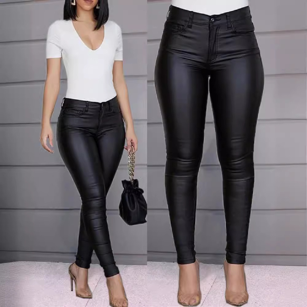 2024 autumn and winter cross-border new Amazon wish solid color PU leather pants casual sexy leggings women's pants foreign trade