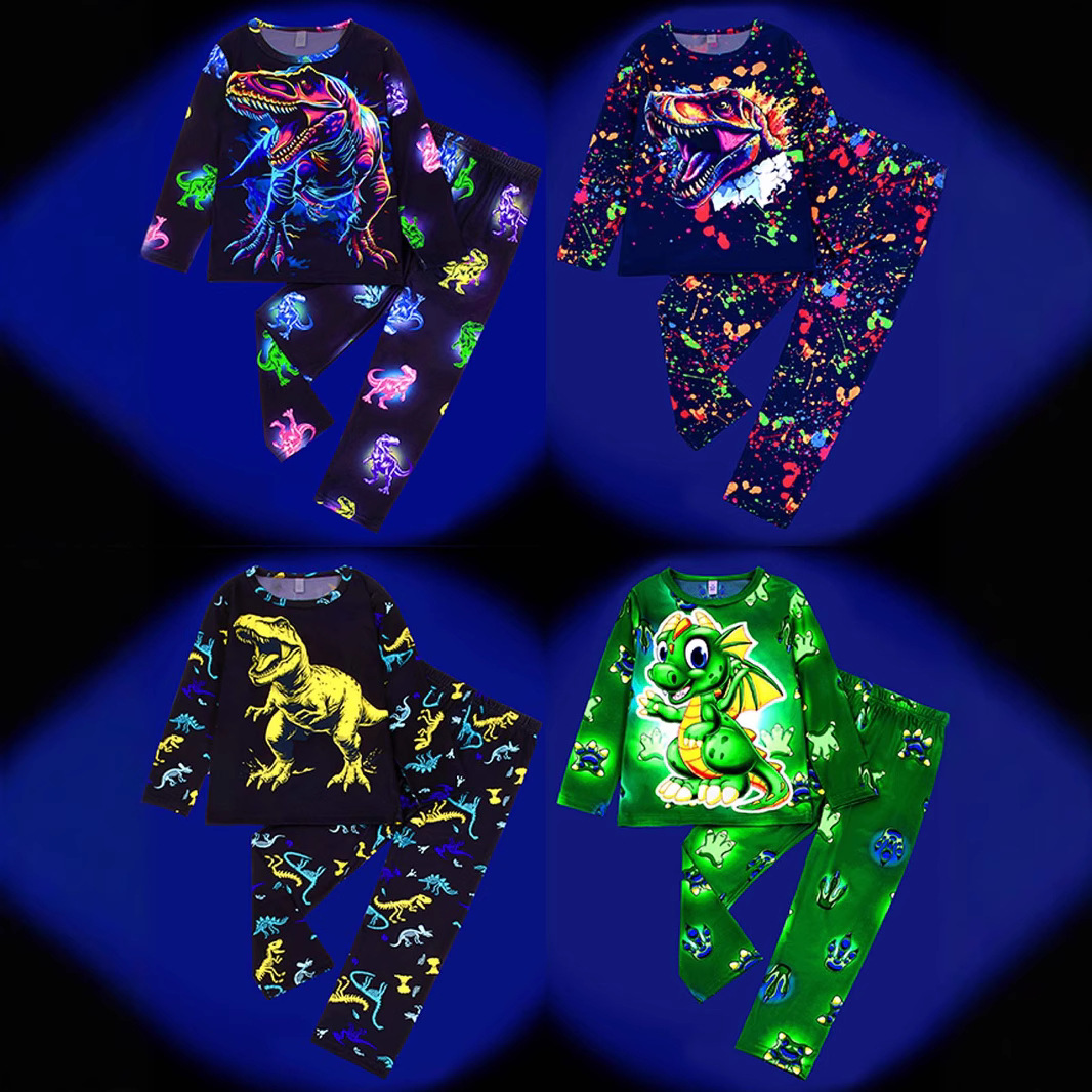 [Flame Retardant] Milk Silk HD Digital Boys and Girls Home Wear Long Sleeve Trousers Green Fluorescent Dinosaur Cross-border Factory