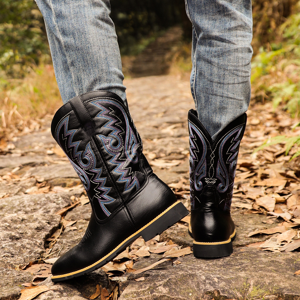 Cizme de cowboy western înalte, brodate, vintage, cu cap lat, pentru bărbați_voghion.com