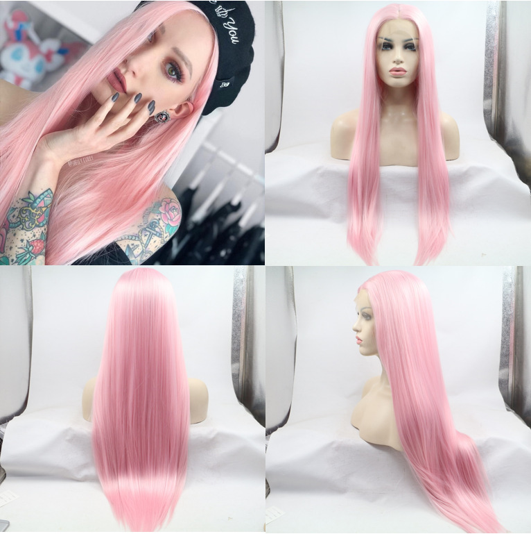 Foreign trade cross-border front lace chemical fiber wig women's temperament pink cosplay matte high-temperature silk headgear Foreign trade cross-border front lace chemical fiber wig women's temperament pink cosplay matte high-temperature silk headgear