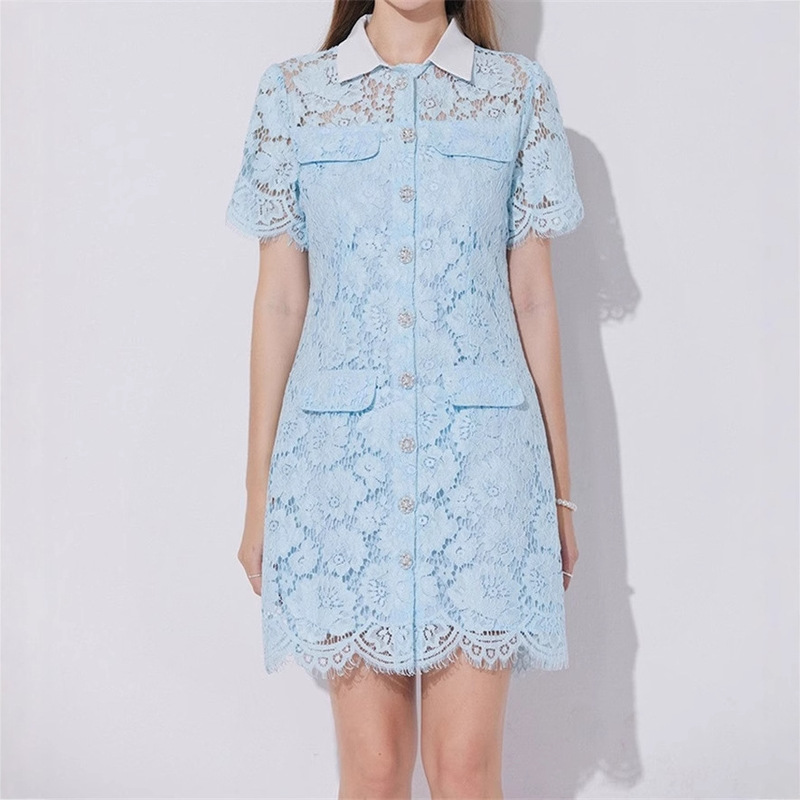 Designer Trendy Brand Socialite Ladylike Eyelash Lace Shirt Lapel Single-Breasted Slim Fit Dress Short Skirt Designer Trendy Brand Socialite Ladylike Eyelash Lace Shirt Lapel Single-Breasted Slim Fit Dress Short Skirt