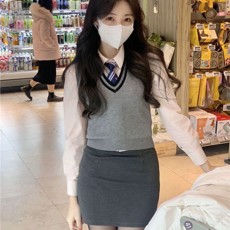 学院风套装针织马甲2025春秋新款打底衬衫包臀半身裙减龄三件套女|undefined