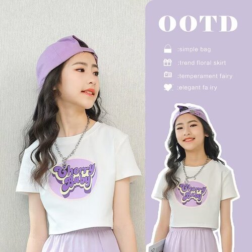 Kids' T-shirt Short Sleeve High-Waist Large Children's Street Dance Summer Navel Top Girl Fitted Summer Outfit Half Sleeve