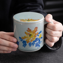 冰花釉手绘牡丹茶杯个人专用复古陶瓷马克杯带盖大容量办公室水杯