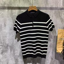 夏季新款英伦时尚条纹短袖冰丝POLO衫男休闲高级感欧美半袖针织衫