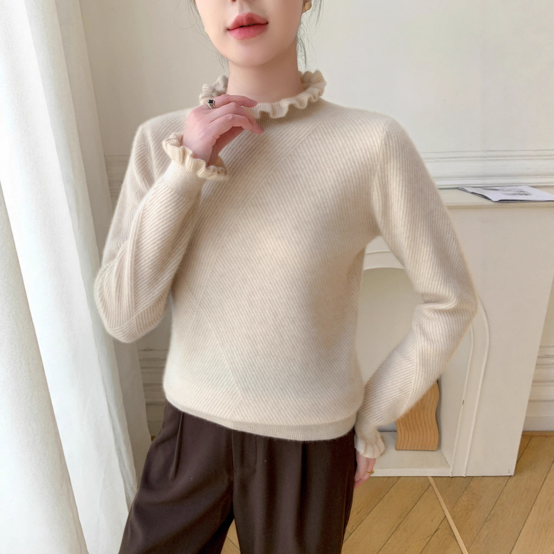 New Style Ruffled Cashmere Knit Sweater for Women, Lace Trim, Half-High Collar, Striped, Slimming, Warm, Inner Layer Base Shirt
