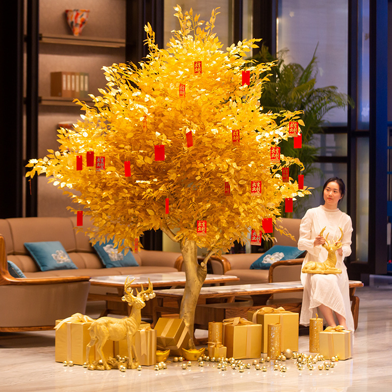 Artificial Golden Banyan Money Tree Wishing Tree Large Fake Tree Hotel Decoration Fortune Tree New Year Blessing Red Envelope Money Tree