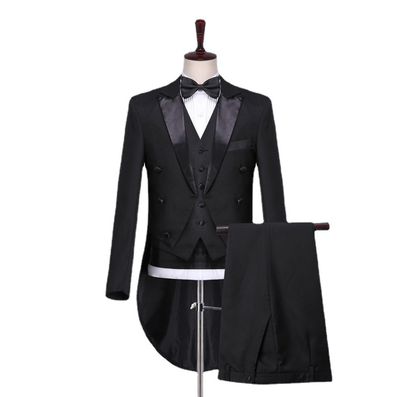 Juodas ilgas verslo laisvalaikio kostiumas Vyriškas kostiumas Vyriškas trijų dalių jaunikio kostiumas Geriausias vyriškas kostiumas_voghion.com