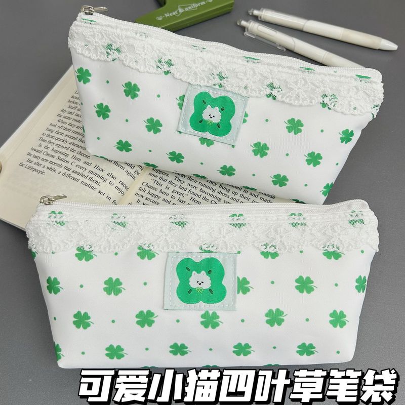 可爱幸运四叶草蕾丝边笔袋ins少女心收纳包高颜值大容量铅笔袋|undefined
