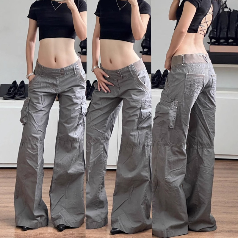Lianlianbuwang American Street Style Waist Patch Pocket Workwear Jeans Low-Rise Loose Slimming Straight-Leg Casual Pants