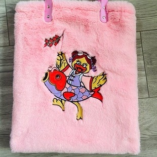 Plush Patch Embroidered Gift Bag Storage Bag Liner Flannel with Inner Pocket Zipper Shoulder Strap Leather