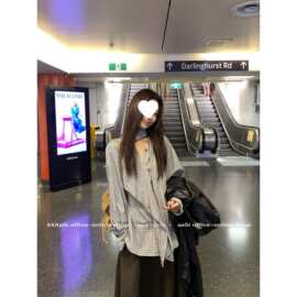 高级系带宽松衬衫女长袖韩系早秋感飘带格纹设计春秋上衣小众新款