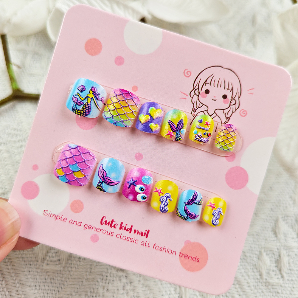 Transfronterizos lindos niños divertidos manicure sirena cuento de hadas parches de uñas 12 piezas de cartón para niños usar uñas image 8