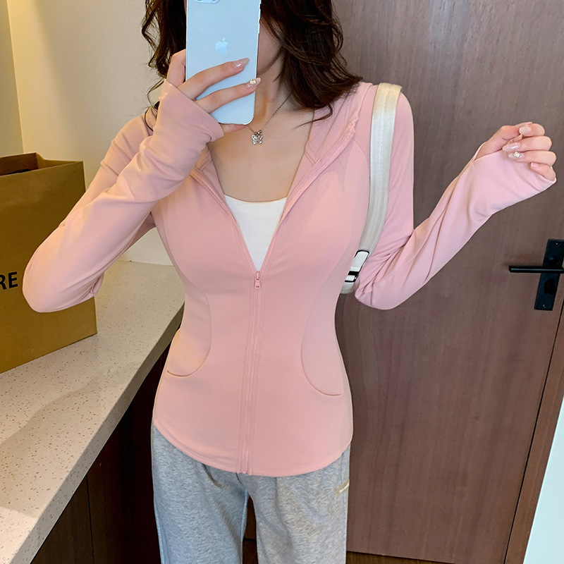 连帽收腰外套修身运动长袖卫衣上衣修身秋冬外套美式运动正肩开衫|undefined