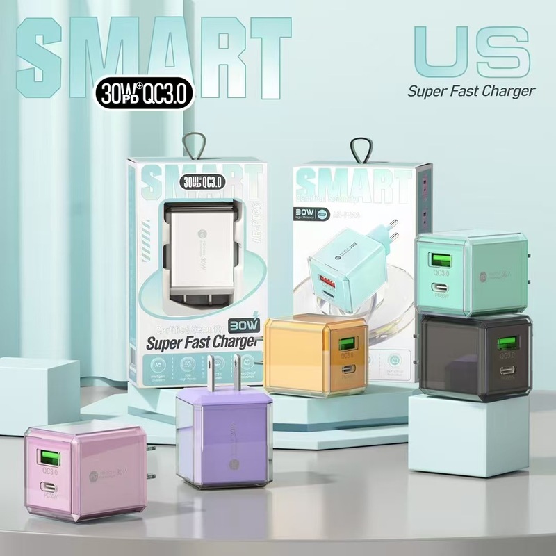 30W透明アイスキューブUSB+Type-Cデュアルポート急速充電器5v2aヨーロッパとアメリカのスマートフォンPD充電ヘッド|undefined
