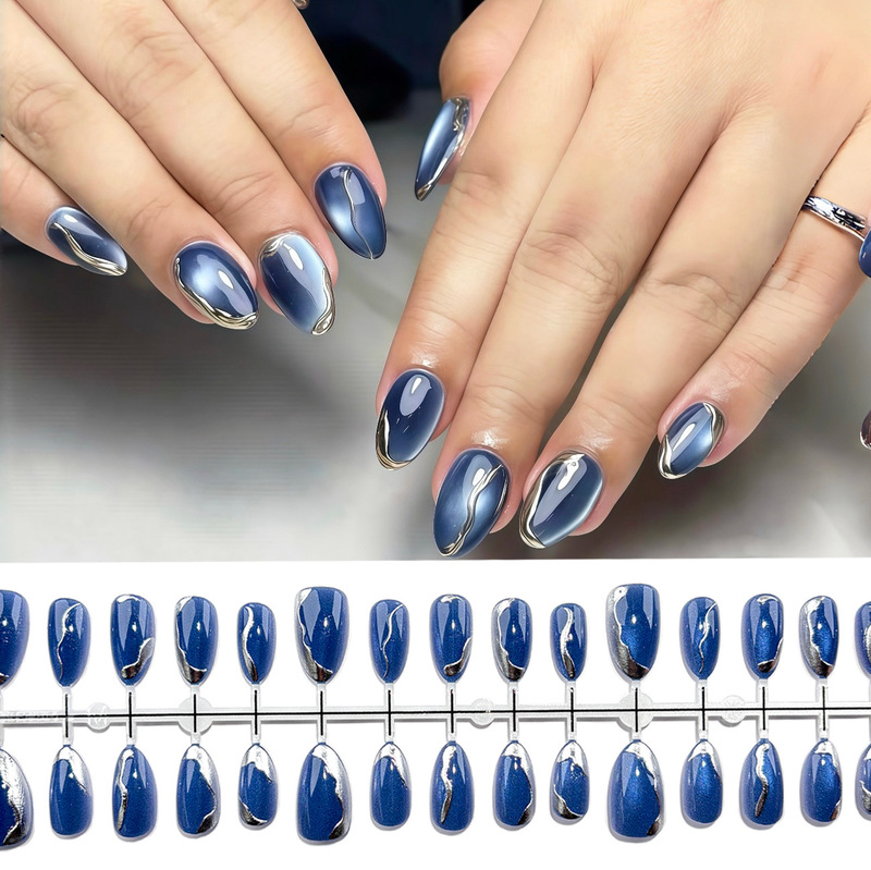Y2K Deep Blue Punk Silver-Plated Hot Girl Style Ultra-Short Almond Cat Eye European and American Popular Nail Stickers Cross-Border