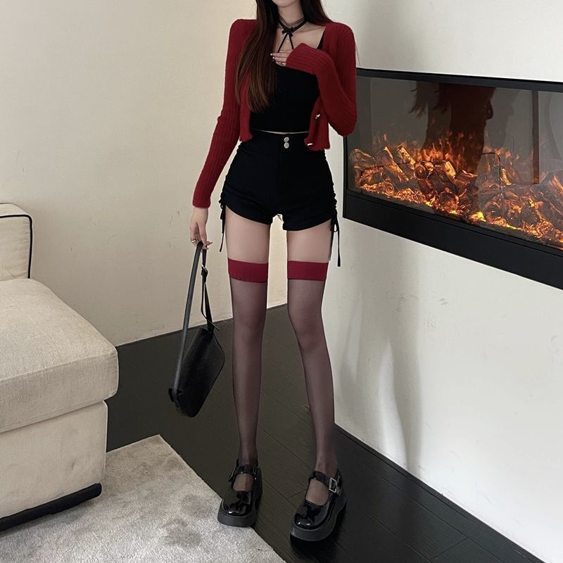 黒インセクシーな赤いストッキング赤いエッジステッチセクシーな太ももストッキング薄い黒のシルク純粋な欲望ロングチューブニーソックス|undefined