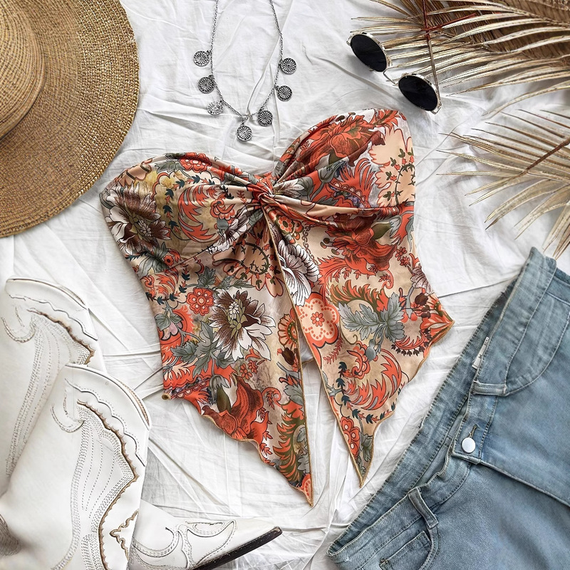 2025 European and American Printed Asymmetrical Hem Vest Holiday Style Chest Wrapped Cross Strapless Top Shoulder Top