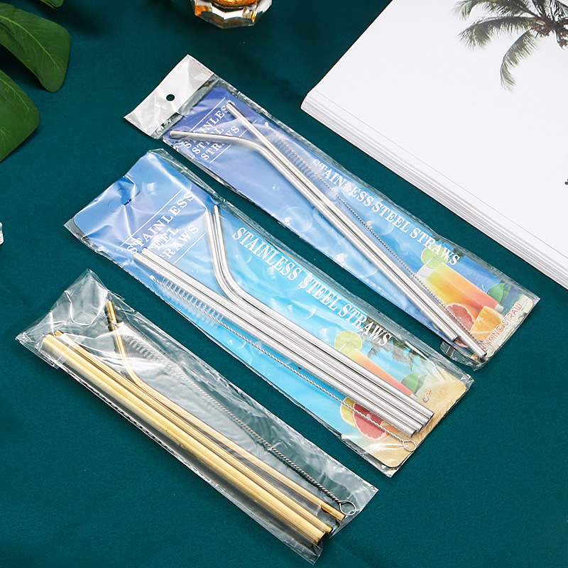 304 paja de acero inoxidable creativo Chapado en titanio cóctel leche té tubo recto codo traje de paja de metal logotipo imprimible