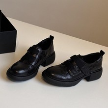 现货~魔术贴小皮鞋女英伦风复古一脚蹬乐福鞋厚底松糕单鞋