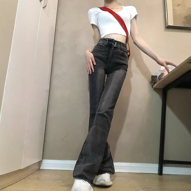 Flared Jeans for Women Versatile Ash Gray Slim New Spring Summer Slightly Straight Floor-Length Pants Stretch High Waist Slimming