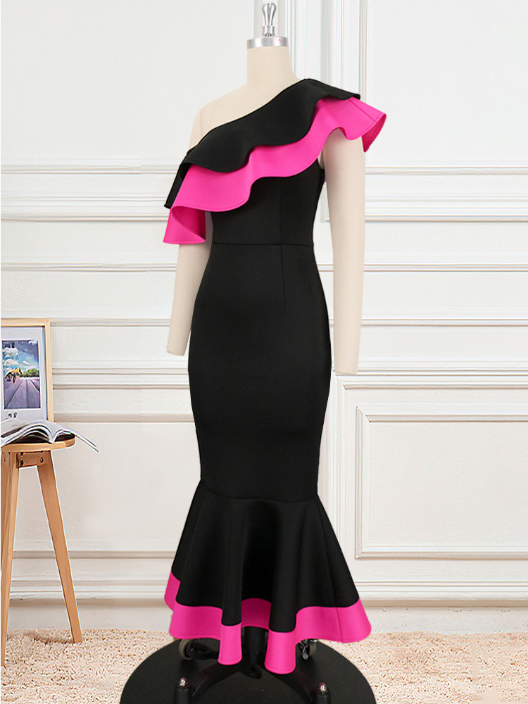 Plus Size Women's Dress One Shoulder Backless Ruffle Fishtail Dress_voghion.com