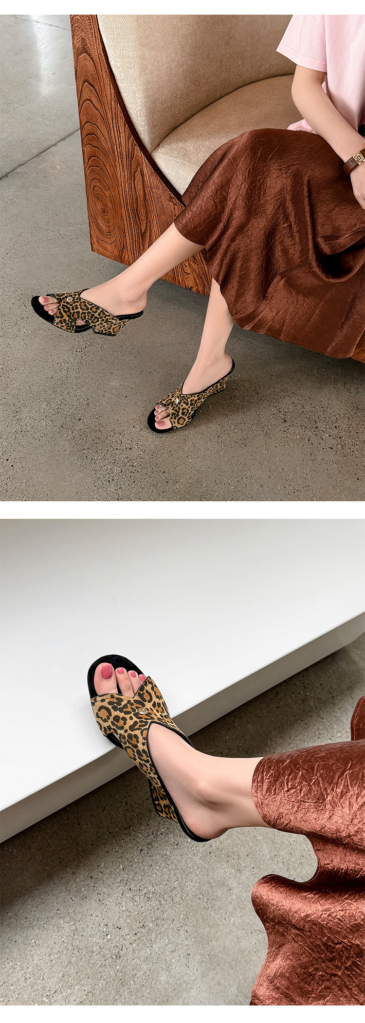 Sandal cao gót nữ hở mũi họa tiết da báo, chất liệu da lộn mịn, gót thô 9 cm — màu nâu, Trang chủ, màu đen chi tiết 5