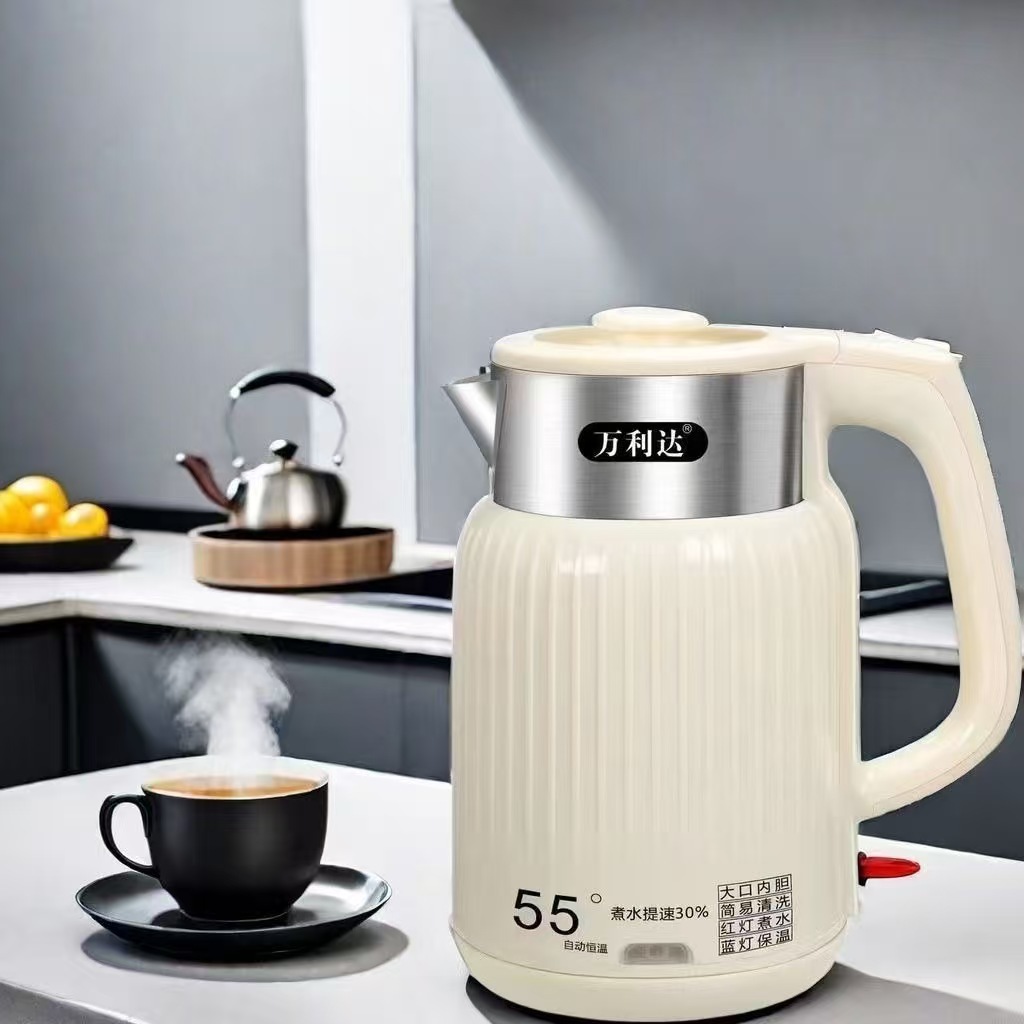 万利达电热水壶家用大容量保温烧水壶双层防烫不锈钢快速开水壶