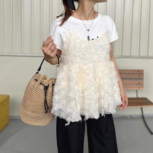 Japanese Influencer Style Floral 3D Embroidery Top Fashion Layered Top